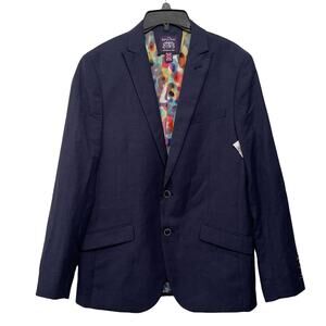 The Savile Row Mens Blazer Jacket 40L‎ Blue Brit Skinny Linen Blend 2 Button